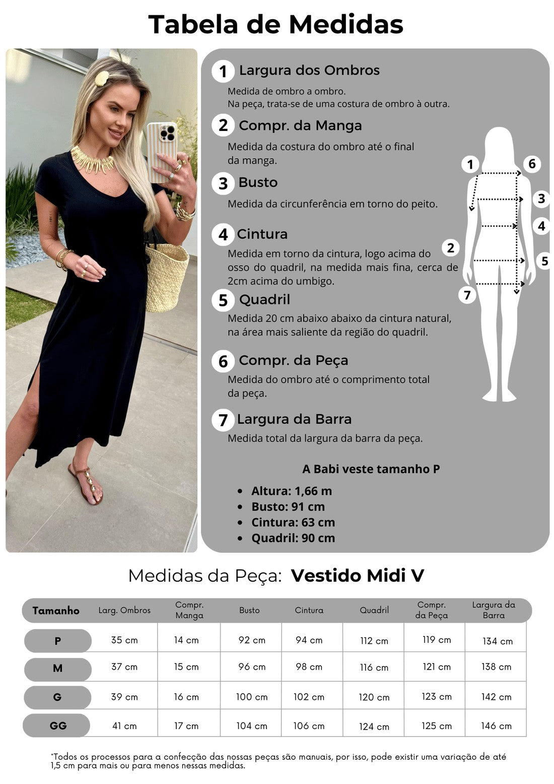 Vestido Midi V Manga Curta Preto