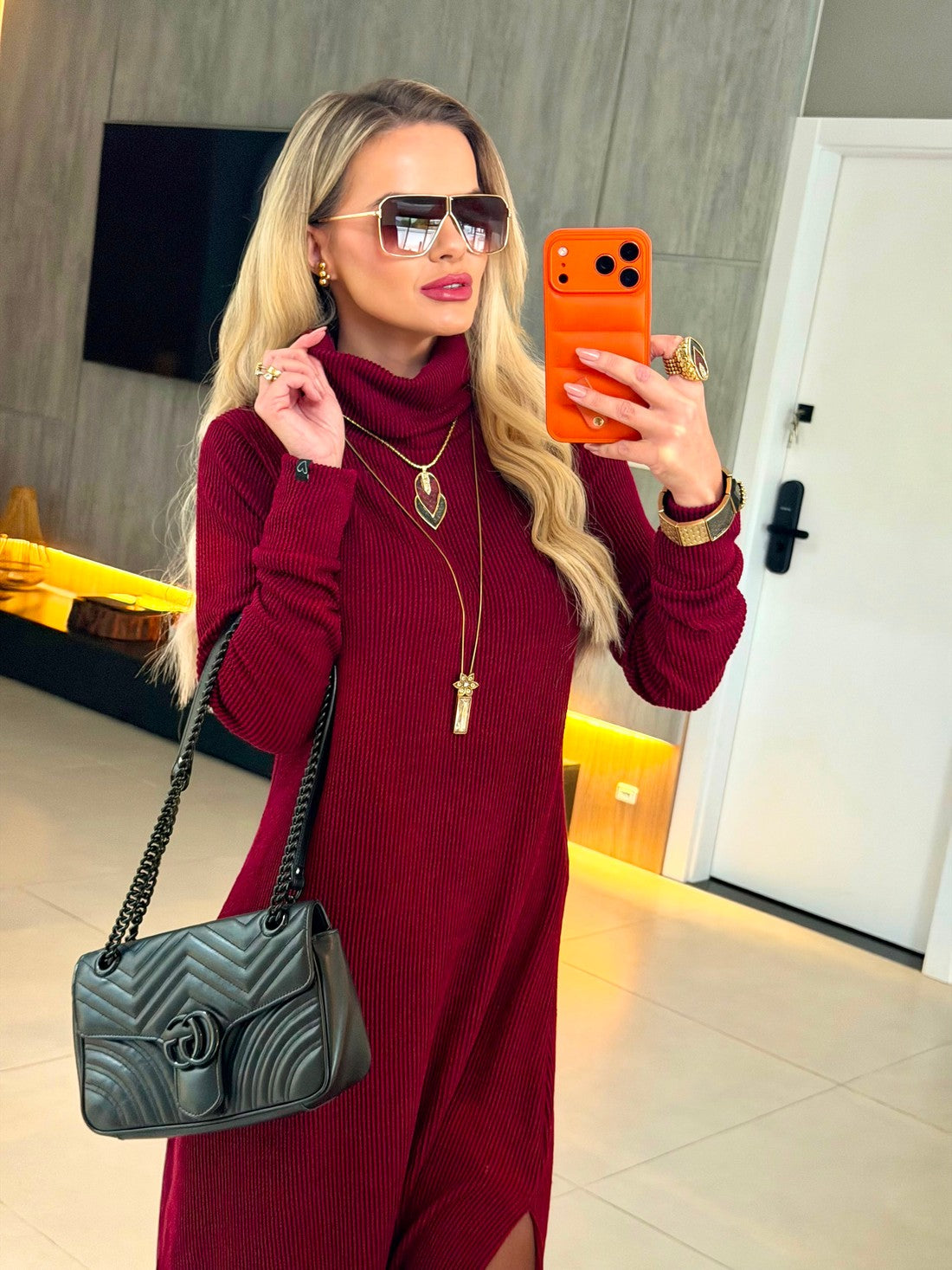 Vestido Midi Tricot Canelado Vinho