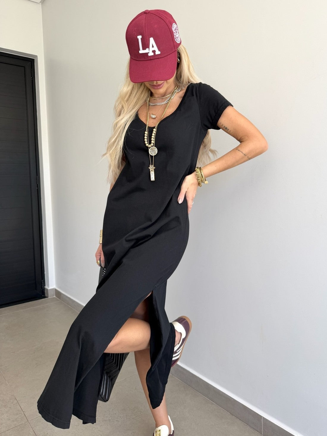 Vestido Midi V Manga Curta Preto